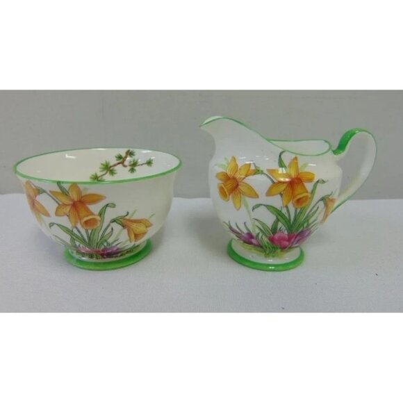 Antique Aynsley Art Deco Small Creamer & Sugar Bowl Set 1920's Janquil Daffodil - Picture 1 of 14